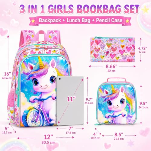 Image of HPJGD 3PCS Unicorn Bookbag for Girls, Kids Bicycle Backpack Set with Lunch Box, Cute Water Resistant Elementary School Bag for Preschool Toddler - Pink Unicorn Bike