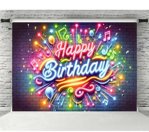10X6.5FT Neon Happy Birthday Banner Backdrop Party Decorations Birthday Photo Backdrop Glow in The Dark Birthday Party Banner Music Sign Fireworks Brick Wall Photo Background Props ZHTAOYH ZH071 - image 3