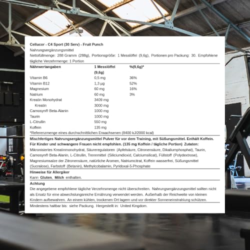 C4 Sport Pre Workout Powder Fruit Punch 30 Servings | Zero Sugar Pre Workout with Creatine Monohydrate 3.409g, Beta Alanine 1g, L Citrulline 0.55g, Caffeine 135g | Informed Sport Certified - Image 2