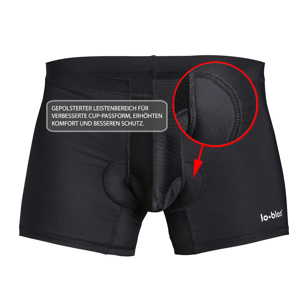 lobloo Schutz-Unterwäsche mit Reverse-System für Herren, Tiefschutz/Suspensorium auf der Außenseite, Gefüttert, mit Kompression für ultimativen Genital-Schutz, Farbe: Schwarz, Größen: XS-XL