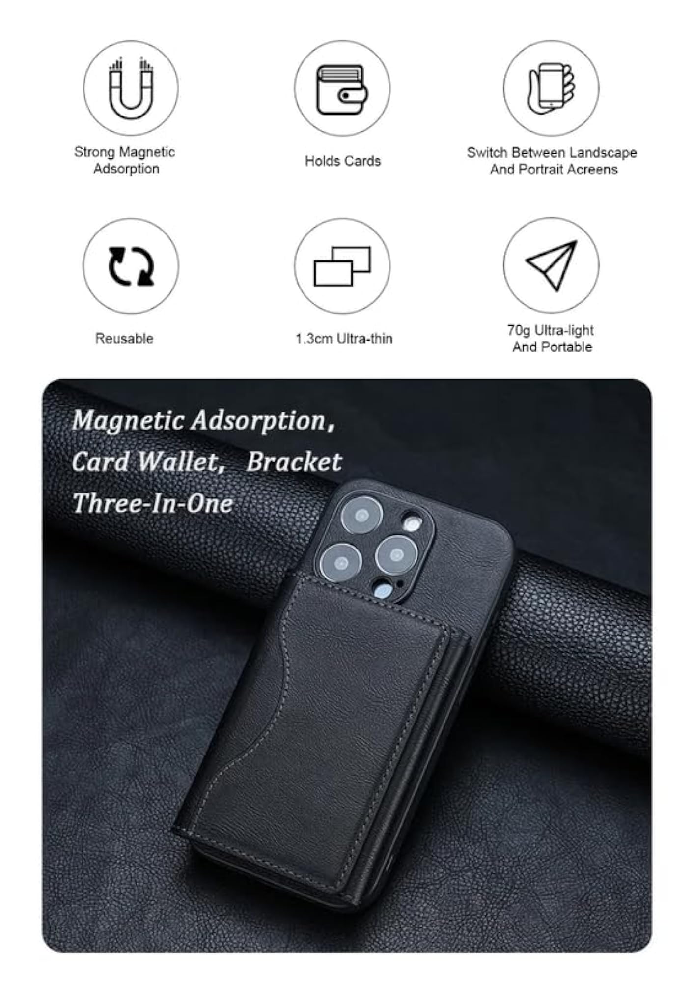 Tri-Fold Minimalist Wallet with Stand, Magnetic Closure