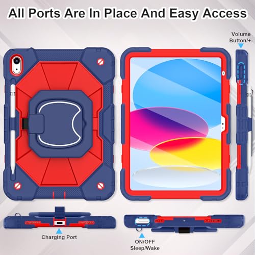 Image of WESOROL Case for iPad (A16) 11th 2025 (11-inch) /iPad 10th Generation 2022(10.9 inch),Military Grade Shockproof Cover for i Pad 11 /10 Gen with Rotating Stand Screen Protector Pencil Holder,Navy Red
