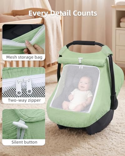 Image of Rquite Car Seat Cover Baby Girl Boy, 100% Muslin Cotton Carseat Covers, Breathable Infant Windproof Canopy with Mesh Window, Stroller Sun Shade for Summer & Hot Day, Sage Green