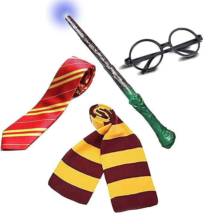 Wizard Costume Accessories Set - Includes Glasses, Tie & Magic Wand (Fits Kids & Adults)