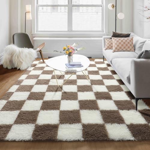 Image of KICMOR Living Room Rug 5x8 Brown and Cream White, Large Fluffy Shag Fuzzy Checkered Area Rugs Shaggy Bedroom Carpet, Indoor Soft Plush Furry Big Rug for Teen Kids Boys Girls Room Nursery Home Decor