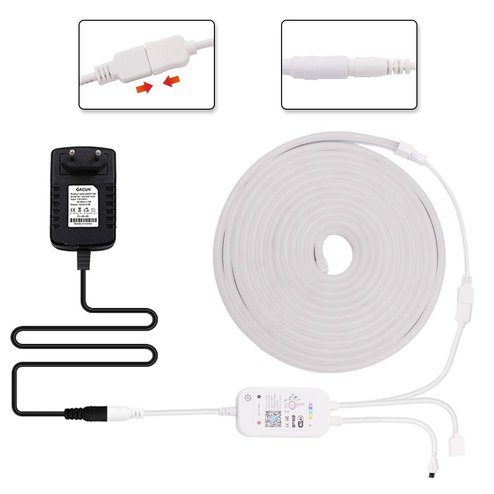 Striscia LED Neon RGB 12V, Striscia LED Flessibile Impermeabile IP65 con Controller IR Graffiti WIFI Music Sync, Adatta per Feste, Sala Giochi, Interni ed Esterni [5M]