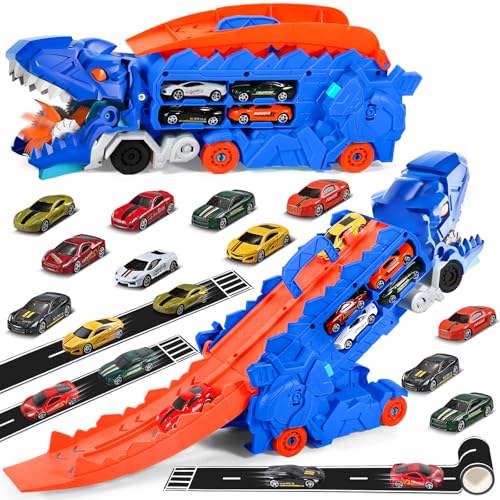 Camion Dinosaure Jouet avec 8 Voitures de Course, Transporteur Voiture Jouet Set, Cadeau pour 3 4 5 6 7 8 Ans Garcon