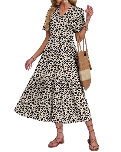 AUSELILY Robe Leopard Longue Femme Col en V à Manche Courte Robe de Plage Longue Femme Ete Chic et Elegant Fluide Legere Casual Dress avec Taille Empire...