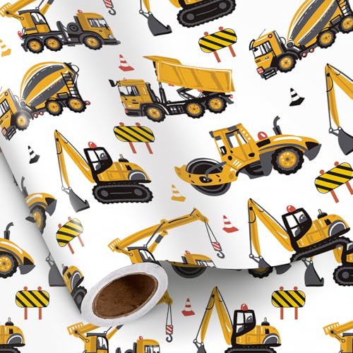 RUSPEPA Construction Truck Wrapping Paper Roll for Boys Mini Roll Yellow Digger Mixer Crane Design Gift Wrap for Kids Birthday Toddler Party Vehicle Theme Party 17 Inches x 16.4 Feet