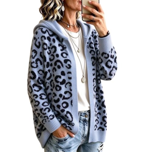 Womens Leopard Print Cardigan Sweater Open Front Knit Cardigan with Hood - image 1