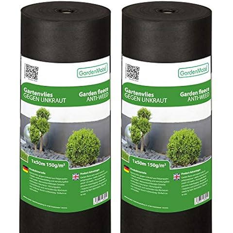 GardenMate 2 Rolls Each 1m x 50m Non-Woven Weed Control Fabric - UV stabilised Black 150gsm Landscape Ground Cover Membrane Cover