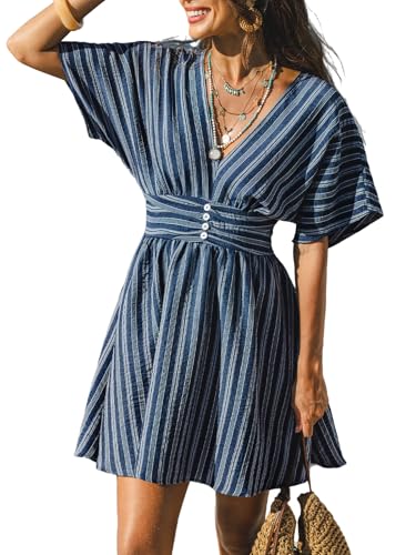 Image of CUPSHE Women Summer Dress Striped V Neck Smocked Waist Front Buttons Sun Dress Casual Vacation Beach Short Mini Dress