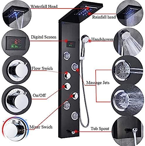 Panel de ducha de acero inoxidable en bronce negro con 5 funciones, cascada y ducha de mano miniatura 5