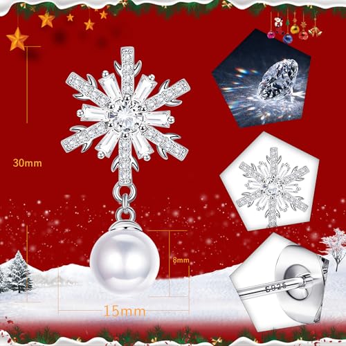 LOLIAS 925 Sterling Silver Snowflake Earrings for Women - Christmas Dangle Drop Stud Earrings With Sparkling Pearl CZ - Hypoallergenic Holiday Jewelry Gifts - Image 4
