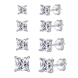 Silver Stud Earrings for Women, Sterling Silver Cubic Zirconia Small Stud Earrings Hypoallergenic Faux Square Princess Cut Diamond Studs Set for Girls, 3/4/5/6mm