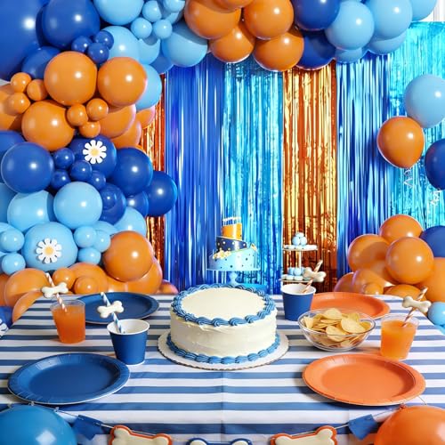 Image of Blue Orange Balloon Arch Garland Kit Birthday Party Decorations, Orange Blue and Light Blue Foil Fringe Curtains Backdrop Tinsel Streamers Banner Photo Booth Props Dog Themed Party Decor Supplies