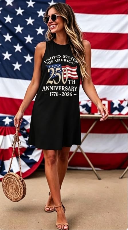 Image of jusgai 250 Anniversary USA Dress for Women American Flag Tank Dresses 4th of July Patriotic Sundress