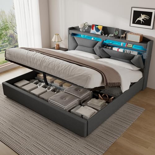 ZUUYEE Polsterbett Doppelbett 180x200 cm mit LED, USB C, Hydraulische Bett mit Stauraum und Kopfteil, Stauraumbett Bettgestell mit Metallrahmen Bettkasten und Lattenrost, Leinen, Grau, Ohne Matratze