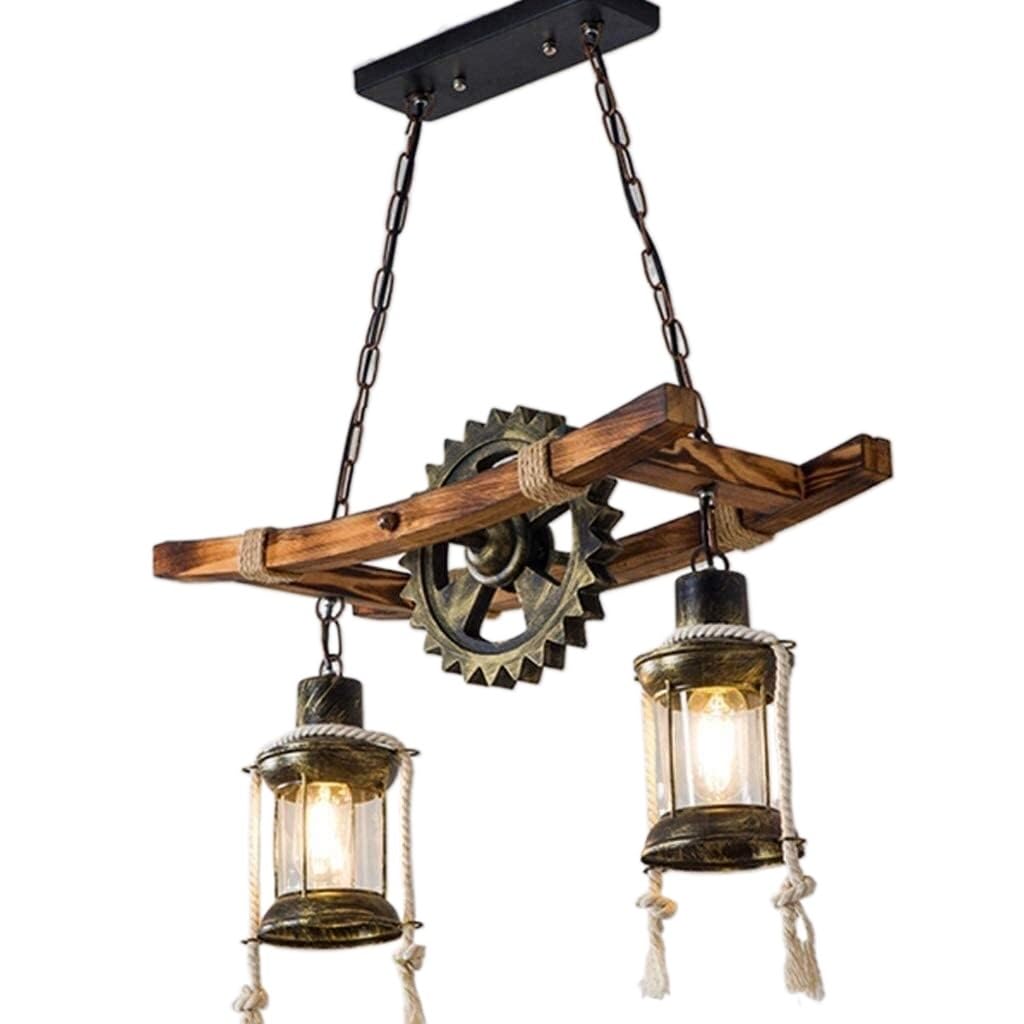 BLOOHK Vintage Oak & Wrought Iron Gear Chandelier, E27 Industrial Pendant Light, Retro Hanging Ceiling Fixture for Dining Room, Living Room, Cottage