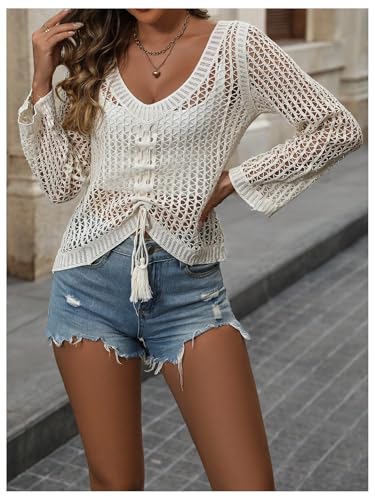Women's Y2k Hollow Out Crochet Sweater Lace Up V Neck Long Sleeve Pullover Knit Tops Drawstring Summer Cover Ups3
