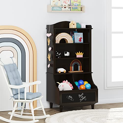 Utex Kids Toy Storage With Bookcase, Kids Bookcase With Blackboard And Cubbies, Open Kids Bookshelf And Toy Organizer Cabinet, Kids Bookshelves Display Stand For Toddlers,Espresso #TOP4