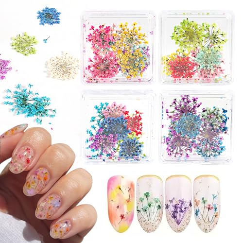 XEAOHESY 4 Boxes Real Natural Dried Flowers for Nails Tiny Flower Petals Nail Stickers Colorful Dried Flowers Nail Art Decals Real Dry Flower for Women