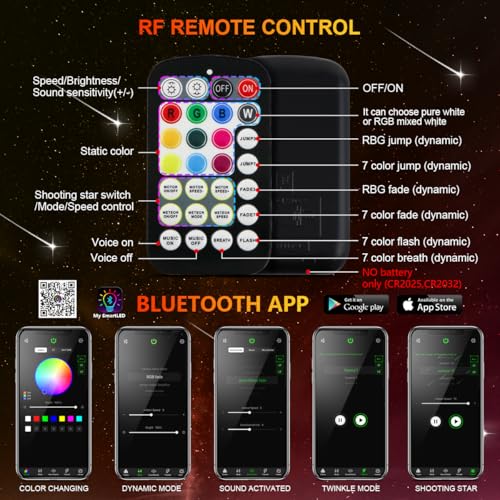 Image of 16W Car Home Starlight Headliner Kit, Twinkle & Sound Activate RGBW Fiber Optic Lights with APP & Remote Control, Shooting Star Lights for Ceiling Decoration, 600 pcs 9.8ft