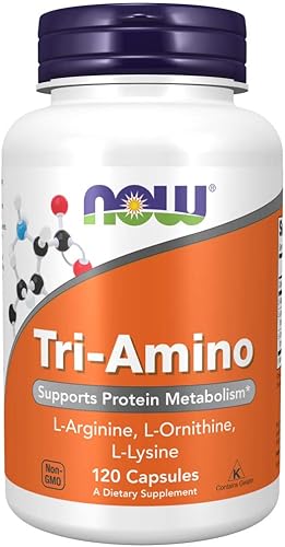 NOW Suplementos Tri-Amino con L-Arginina, L-Ornitina, L-Lisina, Apoya el metabolismo de proteínas*, 120 cápsulas