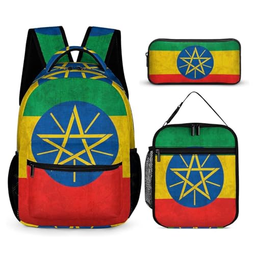 Vintage Ethiopia Flag 3 PCS Backpack Set Casual Daypack with Insulated Lunch Bag & Pencil Case