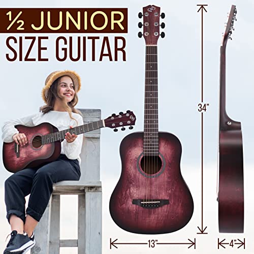 Pyle Acoustic Guitar Kit, 1/2 Junior Size Steel String Instrument For Beginner Kids, Adults, 34” Red #TOP1