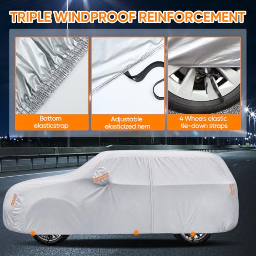 Image of SUV Car Cover All Weather Waterproof Fit for Ford Explorer,Toyota Highlander,Jeep Grand Cherokee,Dodge Durango,Honda Pilot,Hyundai Palisade,Lexus RX for Automobiles Universal Fit SUV Length Up to 201 inch