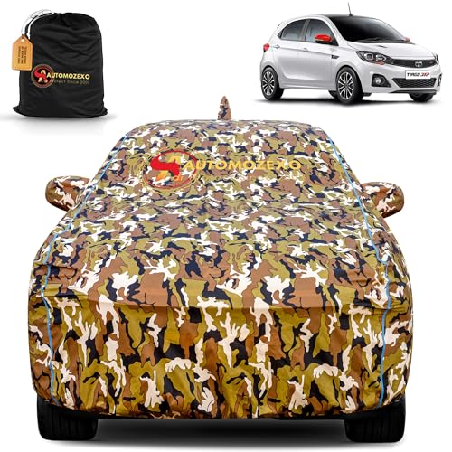 Image of Tata Tiago 100% Waterproof Car Cover for All Weather Protection with Mirror & Antena Pocket Inner Cotton Layer Triple Stitched Cover with Adjustable Belt Bottom Elastic to Secure Fit-Jungle