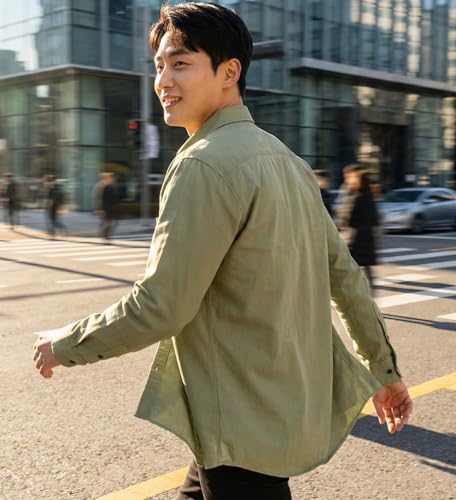 Image of Men's Long Sleeve Dress Shirt,Olive Green, Button Down, Chest Pocket, Casual Formal Wear