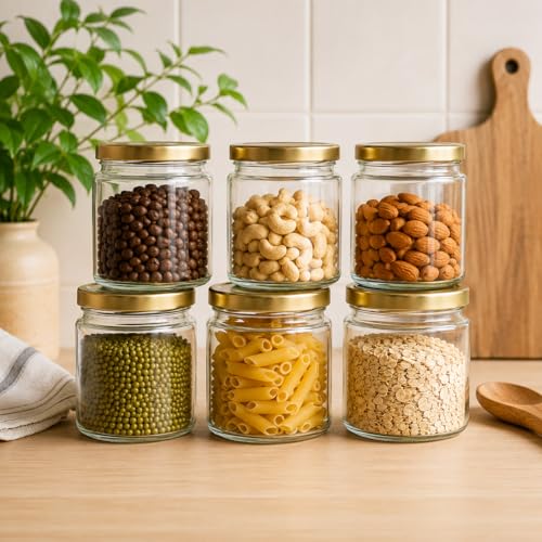 Image of Pure Source India Premium 50gm, 6 Pcs Glass Jar with Gold Lug Cap | Airtight Food Storage Jar for Honey, Jam, Pickles, Spices & Preserves