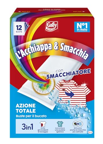 Grey L'Acchiappa & Smacchia 3in1, Buste per il Bucato, Buste Cattura Colore, Con Smacchiatore, Confezione da 12 Buste