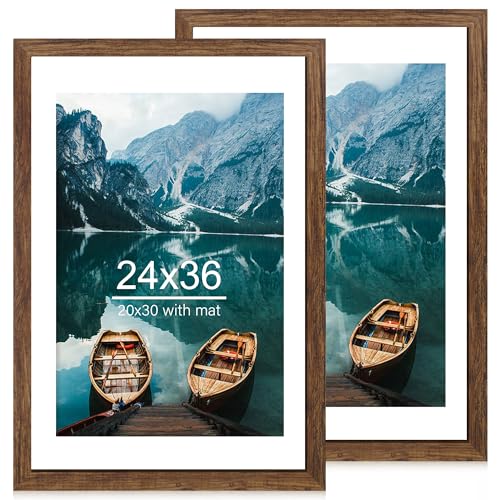 Hongkee 24x36 Poster Frame Set of 2 Rustic Brown Wood Style - Display 20x30 Picture with Mat or 24 x 36 Poster without Mat Wall Mounting Horizontal and Vertical