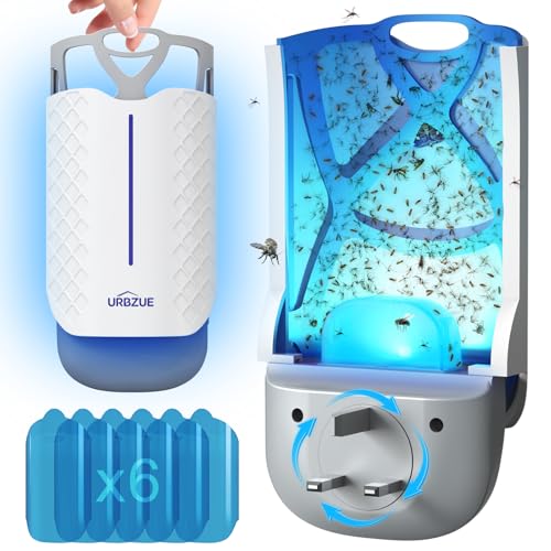 URBZUE Fruit Fly Trap Indoor V2 Plug in UV Fly Trap for Fruit Flies Gnats Moths Mosquitoes Electric Insect Trap with 180 Rotatable Plug for Kitchen and Home 1 Device + 6 Refills