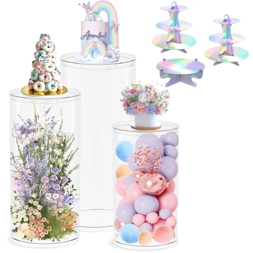 Sef of 3 Clear Cylinder Stands for Party with Cake Stands - Round Cylinder Pedestal Stand, Plinth Pillars Dessert Table for Wedding Birthday Halloween Christmas Decor, 35.4''(L),29.5''(M),23.6''(S) by furosa - Used condition - US$44.49
