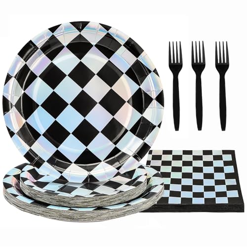 UVTQSSP 96 Pcs Party Plates, Checkered Paper Plates and Napkins Party Supplies for Kids Race Car Theme Birthday, Disposable Tableware Sets, Serve for 24 Guests, Black and White UVTQSSP 96 Pcs Party Plates, Checkered Paper Plates and Napkins Party Supplies for Kids Race Car Theme Birthday, Disposable Tableware Sets, Serve for 24 Guests, Black and White