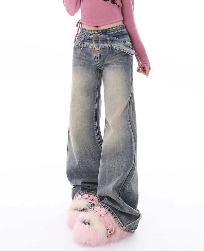 Hopecn Calça jeans feminina Y2K rodada larga estética cintura alta