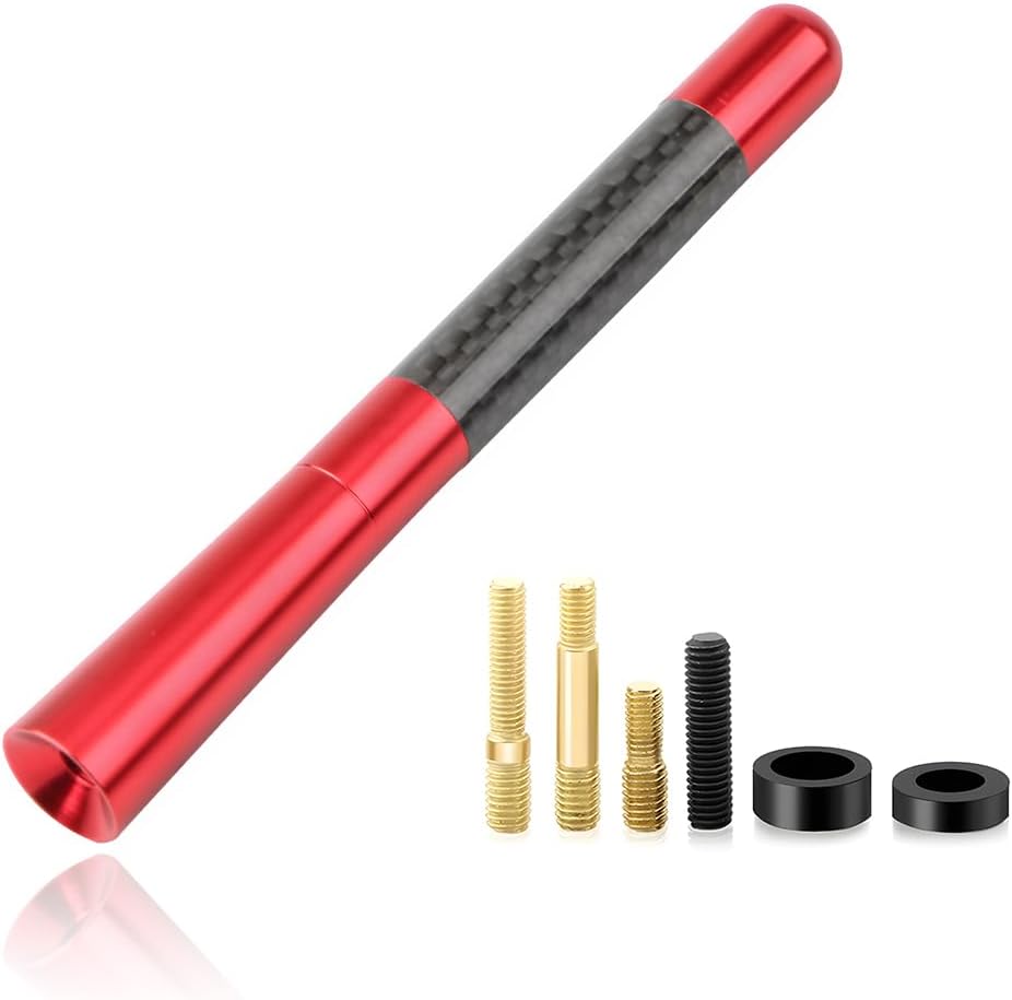 Car Short Antenna, 4.72" Aluminum Radio Antennas Replacement, Carbon Fiber Antenna Kit with Screws, AM/FM Roof Mount Car Radio Reception Antennas Mast for Most Cars SUVs (Red)