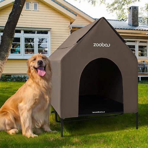 Zooba 48" XL Outdoor Dog House – Weatherproof Elevated Pet Shelter, Breathable Mesh & Steel Frame, Easy to Assemble & Clean, Large Dog Houses for All Seasons (Brown)