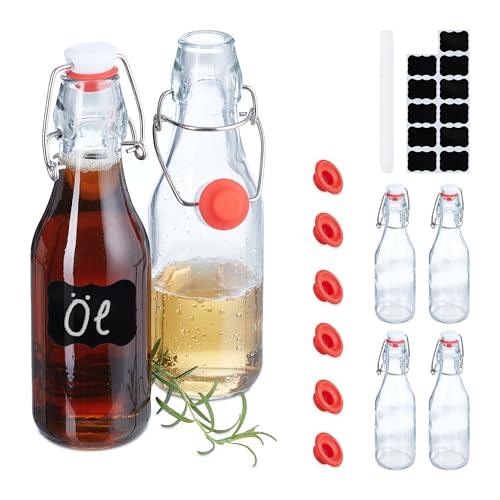 Relaxdays Botellas Cristal Vacías, Pack de 6, 250 ml, Tapón Mecánico, para Licor, Aceite, con Etiquetas, Transparentes, Vidrio, Acero Inoxidable, Plástico