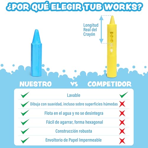 Miniatura 8 de Tub Works Lápices De Colores Para El Baño, Paquete De 12 Lápices De Baño Lavables Y No Tóxicos Para Niños Dibujar Suave Y Claramente En Bañeras Húmedas Y Secas Forma Hexagonal Para Agarre Fácil