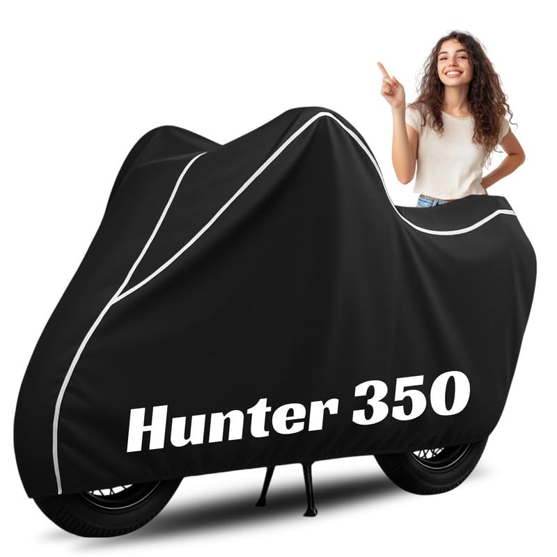 Image of Premium Bike Cover for Royal Enfield Hunter 350, Water Resistant, Dustproof, UV Protected, Scratchproof Motorcycle Cover for Outdoor Use, All Weather Protection (Black & White Piping)