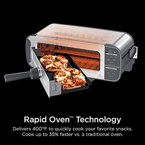This is a picture of a product for sale called Ninja ST101 Foodi 2-in-1 Flip Toaster,  2-Slice Capacity,  Compact Toaster Oven,  Snack Maker,  Reheat,  Defrost,  1500 Watts,  Stainless Steel
