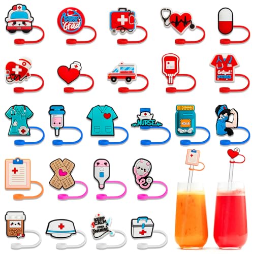 24 Pcs Nurse Straw Toppers 9-10mm Silicone Nursing Straw Covers for Tumblers Cute Reusable Spill Proof Dust Proof Medical Theme Water Bottle Straws Tip Covers for Drinking Straws