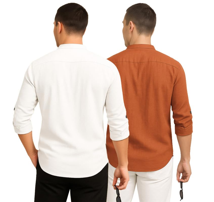 Image of DEEMOON Combo of Men's Cotton Blend Solid Regular Fit Full Sleeve Short Kurta | Men's Trendy Short Kurta Pack of 2 (Available in Plus Size & Combo Packs)