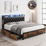 keyluv queen led bed frame with pu leather storage headboard 4 drawers upholstered platform bed with 3 usb 1 type c charging ports no box spring needed noise free easy assembly black