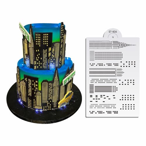 Art Kitchenware Skyscrapers Plastic Cake Stencil for Airbrush Royal Icing Fondant Cake Decorating Bakery Tools 8.5